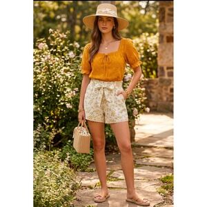 Belle Vere Floral Linen Blend Shorts Smocked Waist Lace Trim Yellow Cream Size 8